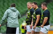 3 July 2021; Ireland forwards, from left, John Ryan, Rob Herring  and Ed Byrne with national scrum coach John Fogarty before the International Rugby Friendly match between Ireland and Japan at Aviva Stadium in Dublin. Photo by Brendan Moran/Sportsfile