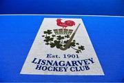 5 October 2021; A general view of the logo of Lisnagarvey Hockey Club before an international friendly match between Ireland and Malaysia at Lisnagarvey Hockey Club in Hillsborough, Down. Photo by Ramsey Cardy/Sportsfile