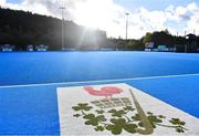 5 October 2021; A general view of the logo of Lisnagarvey Hockey Club before an international friendly match between Ireland and Malaysia at Lisnagarvey Hockey Club in Hillsborough, Down. Photo by Ramsey Cardy/Sportsfile