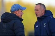 5 October 2021; Ireland head coach Mark Tumilty, right, and assistant coach Jason Klinkradt before an international friendly match between Ireland and Malaysia at Lisnagarvey Hockey Club in Hillsborough, Down. Photo by Ramsey Cardy/Sportsfile