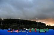 5 October 2021; Both teams lineup for the National Anthems before an international friendly match between Ireland and Malaysia at Lisnagarvey Hockey Club in Hillsborough, Down. Photo by Ramsey Cardy/Sportsfile
