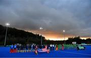 5 October 2021; Both teams lineup for the National Anthems before an international friendly match between Ireland and Malaysia at Lisnagarvey Hockey Club in Hillsborough, Down. Photo by Ramsey Cardy/Sportsfile