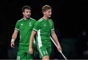 5 October 2021; Sam Hyland, right, and Jeremy Duncan of Ireland after an international friendly match between Ireland and Malaysia at Lisnagarvey Hockey Club in Hillsborough, Down. Photo by Ramsey Cardy/Sportsfile