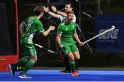 5 October 2021; Conor Empey of Ireland celebrates after scoring his side's second goal with teammate Michael Robson, 22, during an international friendly match between Ireland and Malaysia at Lisnagarvey Hockey Club in Hillsborough, Down. Photo by Ramsey Cardy/Sportsfile