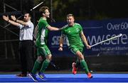 5 October 2021; Conor Empey of Ireland celebrates after scoring his side's second goal with teammate Michael Robson, 22, during an international friendly match between Ireland and Malaysia at Lisnagarvey Hockey Club in Hillsborough, Down. Photo by Ramsey Cardy/Sportsfile