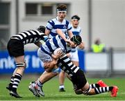 6 October 2021; Hubie McCarthy of Blackrock College is tackled by Billy Hayes of Cistercian College Roscrea during the Bank of Ireland Leinster Schools Junior Cup Round 2 match between Cistercian College Roscrea and Blackrock College at Energia Park in Dublin. Photo by Piaras Ó Mídheach/Sportsfile