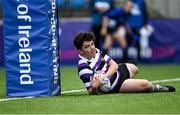 6 October 2021; Ólan Storey of Terenure College scores his side's first try during the Bank of Ireland Leinster Schools Junior Cup Round 2 match between Gonzaga College and Terenure at Energia Park in Dublin. Photo by Piaras Ó Mídheach/Sportsfile