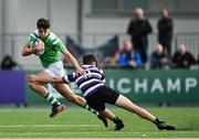 6 October 2021; JP Breslin of Gonzaga College is tackled by Luke Grimes of Terenure College during the Bank of Ireland Leinster Schools Junior Cup Round 2 match between Gonzaga College and Terenure at Energia Park in Dublin. Photo by Piaras Ó Mídheach/Sportsfile