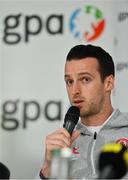7 October 2021; GPA national executive committee member and Tyrone footballer Niall Morgan speaking at a GPA Media Conference at the Crowne Plaza Hotel in Santry, Dublin, to address the upcoming GAA inter-county football championship structure proposals. Photo by Brendan Moran/Sportsfile