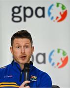 7 October 2021; GPA national executive committee member and Longford footballer Mickey Quinn speaking at a GPA Media Conference at the Crowne Plaza Hotel in Santry, Dublin, to address the upcoming GAA inter-county football championship structure proposals. Photo by Brendan Moran/Sportsfile