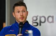 7 October 2021; GPA national executive committee member and Longford footballer Mickey Quinn speaking at a GPA Media Conference at the Crowne Plaza Hotel in Santry, Dublin, to address the upcoming GAA inter-county football championship structure proposals. Photo by Brendan Moran/Sportsfile