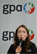 7 October 2021; GPA national executive committee co-chairperson Maria Kinsella speaking during a GPA Media Conference at the Crowne Plaza Hotel in Santry, Dublin, to address the upcoming GAA inter-county football championship structure proposals. Photo by Brendan Moran/Sportsfile