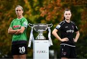 7 October 2021; Stephanie Roche of Peamount United, left, and Lauren Dwyer of Wexford Youths in attendance at the EVOKE.ie FAI Women's Cup Semi-Finals media event at the FAI National Training Centre in Dublin. Photo by David Fitzgerald/Sportsfile