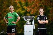 7 October 2021; Stephanie Roche of Peamount United, left, and Lauren Dwyer of Wexford Youths in attendance at the EVOKE.ie FAI Women's Cup Semi-Finals media event at the FAI National Training Centre in Dublin. Photo by David Fitzgerald/Sportsfile