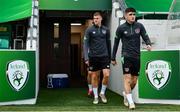 7 October 2021; Dawson Devoy, right, Evan Ferguson arrives before a Republic of Ireland U21's training session at Tallaght Stadium in Dublin. Photo by Sam Barnes/Sportsfile
