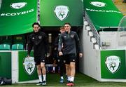 7 October 2021; Louie Watson, left, and Conor Coventry arrive before a Republic of Ireland U21's training session at Tallaght Stadium in Dublin. Photo by Sam Barnes/Sportsfile