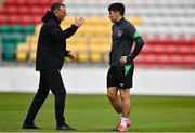 7 October 2021; Manager Jim Crawford in conversation with Liam Kerrigan during a Republic of Ireland U21's training session at Tallaght Stadium in Dublin. Photo by Sam Barnes/Sportsfile