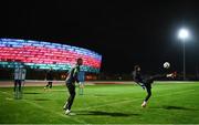 7 October 2021; Goalkeepers Caoimhin Kelleher, right, and Gavin Bazunu during a Republic of Ireland training session at the Baku Olympic Stadium Training Pitch in Baku, Azerbaijan. Photo by Stephen McCarthy/Sportsfile