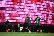 7 October 2021; Aaron Connolly, right, and Cyrus Christie during a Republic of Ireland training session at the Baku Olympic Stadium Training Pitch in Baku, Azerbaijan. Photo by Stephen McCarthy/Sportsfile
