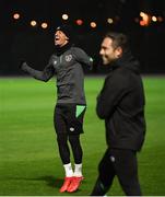 7 October 2021; Callum Robinson and coach Stephen Rice, right, during a Republic of Ireland training session at the Baku Olympic Stadium Training Pitch in Baku, Azerbaijan. Photo by Stephen McCarthy/Sportsfile