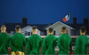 7 October 2021; Republic of Ireland players face the Irish Tri-colour for the Amhrán na bhFiann before the UEFA U17 Championship Qualifier match between Republic of Ireland and Andorra at Turner's Cross in Cork. Photo by Eóin Noonan/Sportsfile