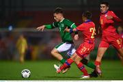 7 October 2021; Justin Ferizaj of Republic of Ireland on his way to scoring his side's first goal despite the efforts of Marc Rodriguez Gelabert, 21, and Gerard Estrada Quinquilla, 8, both of Andorra, during the UEFA U17 Championship Qualifier match between Republic of Ireland and Andorra at Turner's Cross in Cork. Photo by Eóin Noonan/Sportsfile