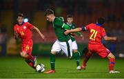 7 October 2021; Kevin Zefi of Republic of Ireland in action against Marc Rodriguez Gelabert, right, and Ivan Rodriguez Dominguez, both of Andorra during the UEFA U17 Championship Qualifier match between Republic of Ireland and Andorra at Turner's Cross in Cork. Photo by Eóin Noonan/Sportsfile