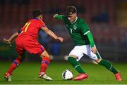 7 October 2021; Kevin Zefi of Republic of Ireland in action against Marc Rodriguez Gelabert of Andorra during the UEFA U17 Championship Qualifier match between Republic of Ireland and Andorra at Turner's Cross in Cork. Photo by Eóin Noonan/Sportsfile