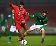 7 October 2021; Justin Ferizaj of Republic of Ireland in action against Gerard Estrada Quinquilla of Andorra during the UEFA U17 Championship Qualifier match between Republic of Ireland and Andorra at Turner's Cross in Cork. Photo by Eóin Noonan/Sportsfile