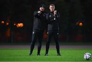7 October 2021; Colum O’Neill, athletic therapist, left, and Damien Doyle, head of athletic performance, during a Republic of Ireland training session at the Baku Olympic Stadium Training Pitch in Baku, Azerbaijan. Photo by Stephen McCarthy/Sportsfile