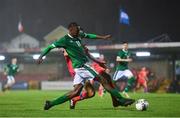 7 October 2021; Franco Umeh of Republic of Ireland has a shot on goal despite the efforts of Ricardo Teixera Pinto of Andorra during the UEFA U17 Championship Qualifier match between Republic of Ireland and Andorra at Turner's Cross in Cork. Photo by Eóin Noonan/Sportsfile