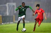 7 October 2021; Franco Umeh of Republic of Ireland in action against Marcel Carrau Rodriguez of Andorra during the UEFA U17 Championship Qualifier match between Republic of Ireland and Andorra at Turner's Cross in Cork. Photo by Eóin Noonan/Sportsfile