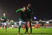 7 October 2021; Kevin Zefi of Republic of Ireland, left, celebrates with Franco Umeh after scoring his side's third goal during the UEFA U17 Championship Qualifier match between Republic of Ireland and Andorra at Turner's Cross in Cork. Photo by Eóin Noonan/Sportsfile