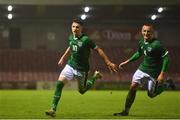 7 October 2021; Rocco Vata of Republic of Ireland, left, celebrates with team-mate Sam Curtis after scoring his side's fifth goal during the UEFA U17 Championship Qualifier match between Republic of Ireland and Andorra at Turner's Cross in Cork. Photo by Eóin Noonan/Sportsfile