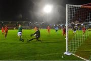7 October 2021; Diego Mendes Meireles of Andorra saves a shot on goal by Mark O'Mahony of Republic of Ireland during the UEFA U17 Championship Qualifier match between Republic of Ireland and Andorra at Turner's Cross in Cork. Photo by Eóin Noonan/Sportsfile
