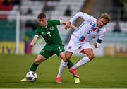 8 October 2021; Mathias Olesen of Luxembourg is tackled by Gavin Kilkenny of Republic of Ireland during the UEFA European U21 Championship Qualifier match between Republic of Ireland and Luxembourg at Tallaght Stadium in Dublin.  Photo by Sam Barnes/Sportsfile