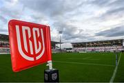 8 October 2021; A general view of a corner flag before the United Rugby Championship match between Ulster and Benetton at Kingspan Stadium in Belfast. Photo by Ramsey Cardy/Sportsfile