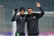 8 October 2021; Callum Robinson, left, and Troy Parrott during a Republic of Ireland training session at the Olympic Stadium in Baku, Azerbaijan. Photo by Stephen McCarthy/Sportsfile