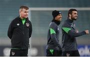 8 October 2021; Manager Stephen Kenny with Callum Robinson and Troy Parrott, right, during a Republic of Ireland training session at the Olympic Stadium in Baku, Azerbaijan. Photo by Stephen McCarthy/Sportsfile