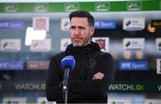 8 October 2021; Shamrock Rovers manager Stephen Bradley is interviewed by RTÉ before the SSE Airtricity League Premier Division match between Dundalk and Shamrock Rovers at Oriel Park in Dundalk, Louth. Photo by Ben McShane/Sportsfile