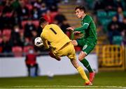 8 October 2021; Conor Noss of Republic of Ireland has a shot on goal saved by Luxembourg goalkeeper Lucas Fox during the UEFA European U21 Championship Qualifier match between Republic of Ireland and Luxembourg at Tallaght Stadium in Dublin.  Photo by Eóin Noonan/Sportsfile