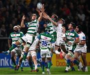 8 October 2021; Michele Lamaro and Giovanni Pettinelli of Benetton in action against Craig Gilroy of Ulster during the United Rugby Championship match between Ulster and Benetton at Kingspan Stadium in Belfast. Photo by Ramsey Cardy/Sportsfile