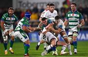 8 October 2021; Leonardo Marin of Benetton is tackled by Billy Burns, left, and Matty Rea of Ulster during the United Rugby Championship match between Ulster and Benetton at Kingspan Stadium in Belfast. Photo by Ramsey Cardy/Sportsfile