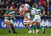 8 October 2021; Matty Rea of Ulster is tackled by Ivan Nemer, left, and Tommaso Benvenuti of Benetton during the United Rugby Championship match between Ulster and Benetton at Kingspan Stadium in Belfast. Photo by Ramsey Cardy/Sportsfile