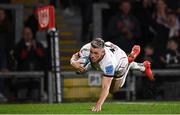 8 October 2021; Craig Gilroy of Ulster dives over to score his side's first try during the United Rugby Championship match between Ulster and Benetton at Kingspan Stadium in Belfast. Photo by Ramsey Cardy/Sportsfile