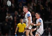 8 October 2021; Craig Gilroy of Ulster celebrates with teammate James Hume, right, after scoring his side's first try during the United Rugby Championship match between Ulster and Benetton at Kingspan Stadium in Belfast. Photo by Ramsey Cardy/Sportsfile