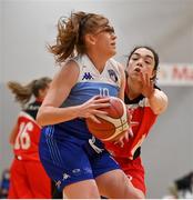 8 October 2021; Taylor Clagget of The Address UCC Glanmire in action against Meabh Barry of Team Garvey's St Mary's during the Basketball Ireland Women's SuperLeague match between The Address UCC Glanmire and Team Garvey's St Mary's at The Mardyke in Cork. Photo by Brendan Moran/Sportsfile