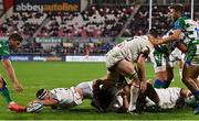 8 October 2021; Rob Herring of Ulster dives over to score his side's third try during the United Rugby Championship match between Ulster and Benetton at Kingspan Stadium in Belfast. Photo by Ramsey Cardy/Sportsfile