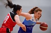 8 October 2021; Claire Melia of The Address UCC Glanmire in action against Meabh Barry of Team Garvey's St Mary's during the MissQuote.ie Women's SuperLeague match between The Address UCC Glanmire and Team Garvey's St Mary's at The Mardyke in Cork. Photo by Brendan Moran/Sportsfile