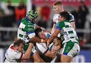 8 October 2021; Alan O'Connor of Ulster, supported by Callum Reid, is tackled by Federico Zani, left, and Ivan Nemer of Benetton during the United Rugby Championship match between Ulster and Benetton at Kingspan Stadium in Belfast. Photo by Ramsey Cardy/Sportsfile